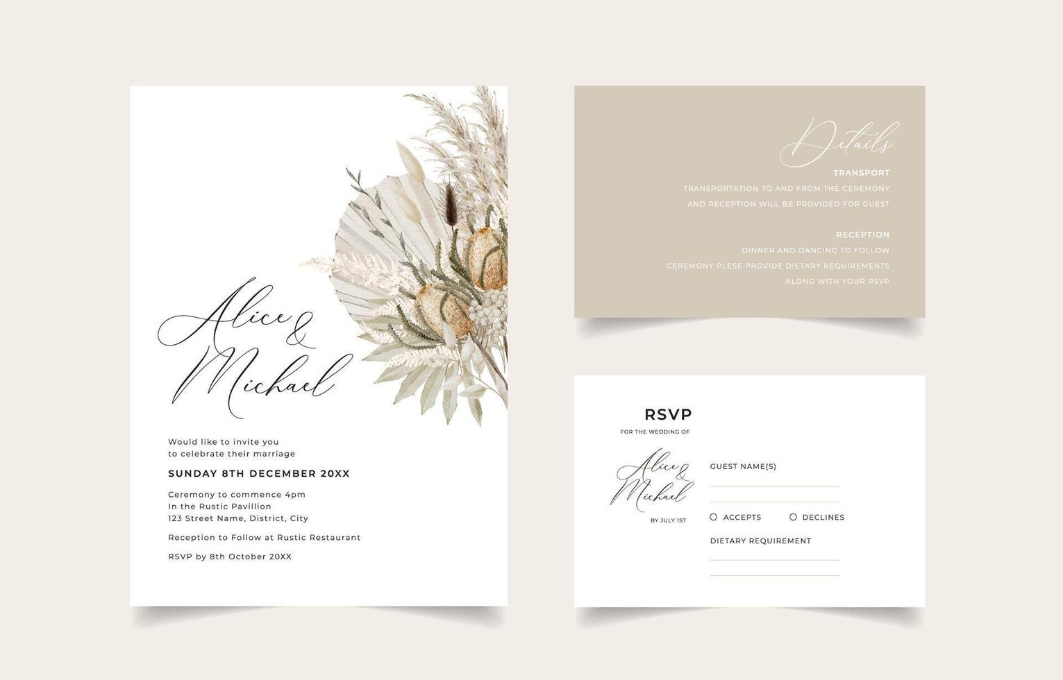 Bohemian Wedding Invitation with Dried Palm leaves, Pampas Grass and Banksia vector