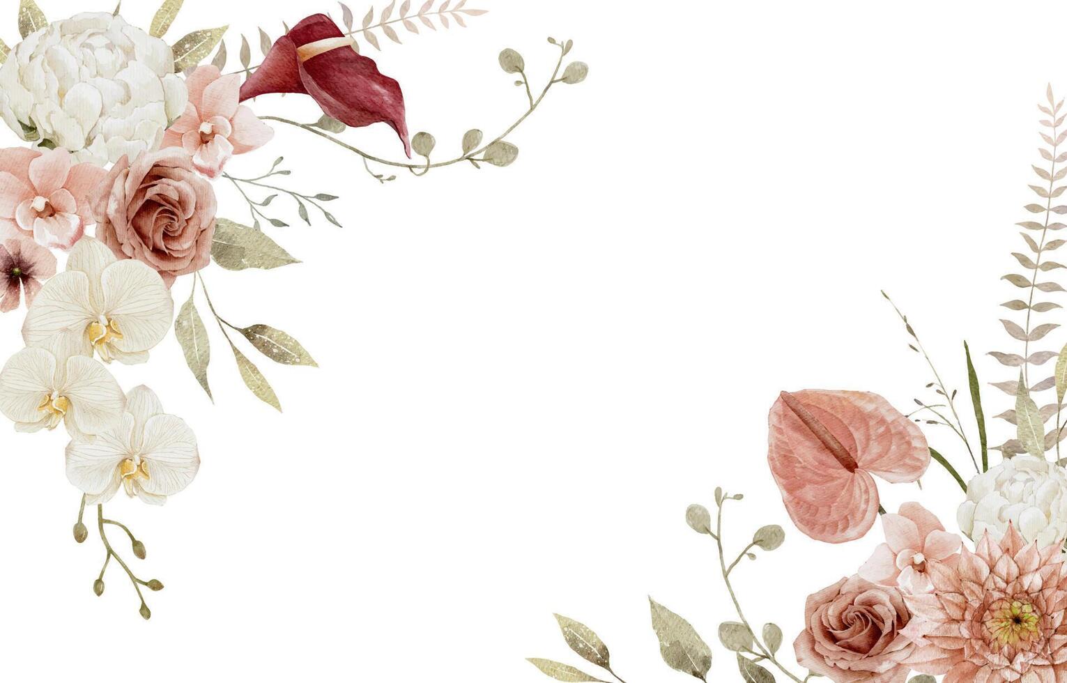 Watercolor rustic autumn floral background with combining antique shades of dahlias, orchid and roses with delicate white and burgundy flower accents vector