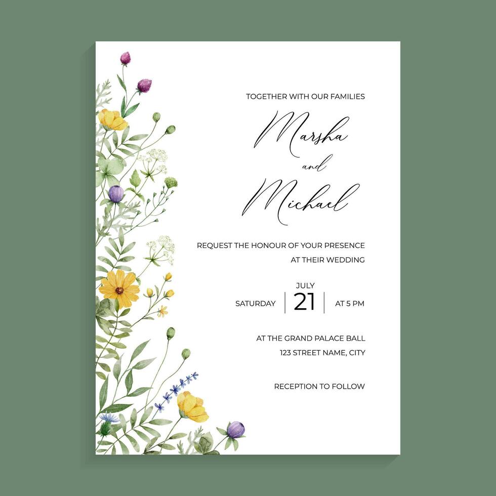 Wildflower Wedding Invitation Template vector