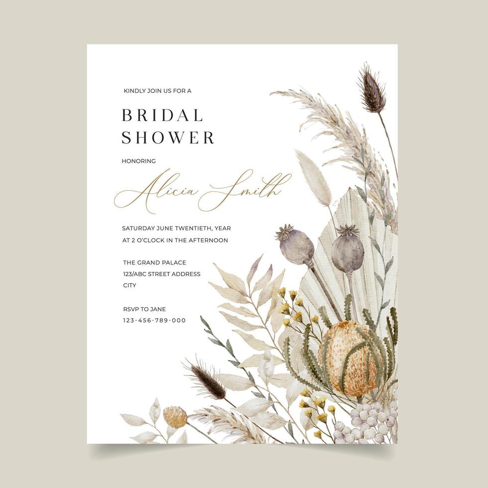 Australian Native Flower Bridal Shower Invitation Banksia with Dried Palm Leaves, Pampas Grass and Other Dried Floral vector