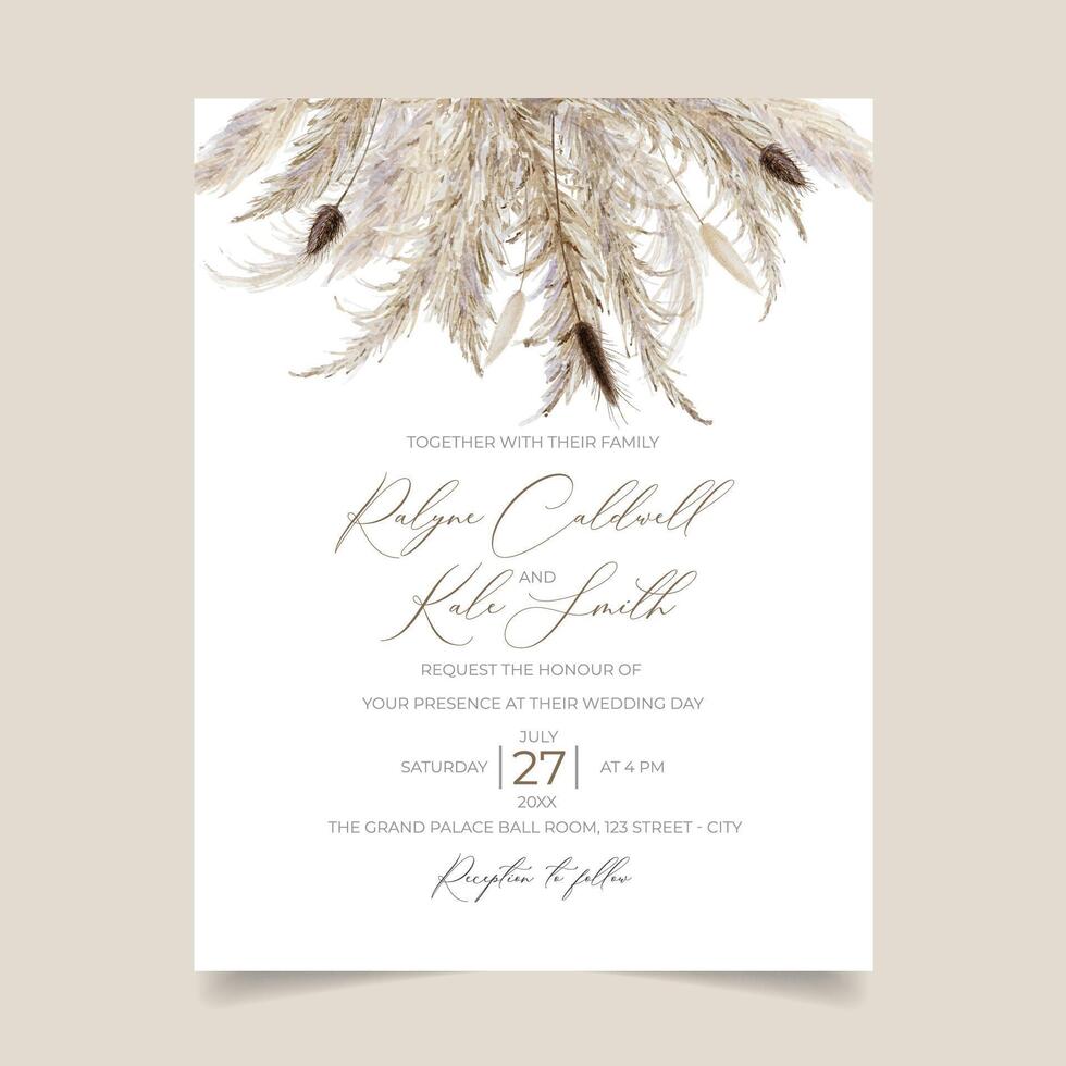 Boho wedding invitation template, watercolor dried pampas grass and bunny tails grass invitation vector