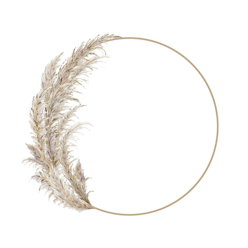 Boho dried pampas grass wreath, watercolor bohemian floral wreath vector