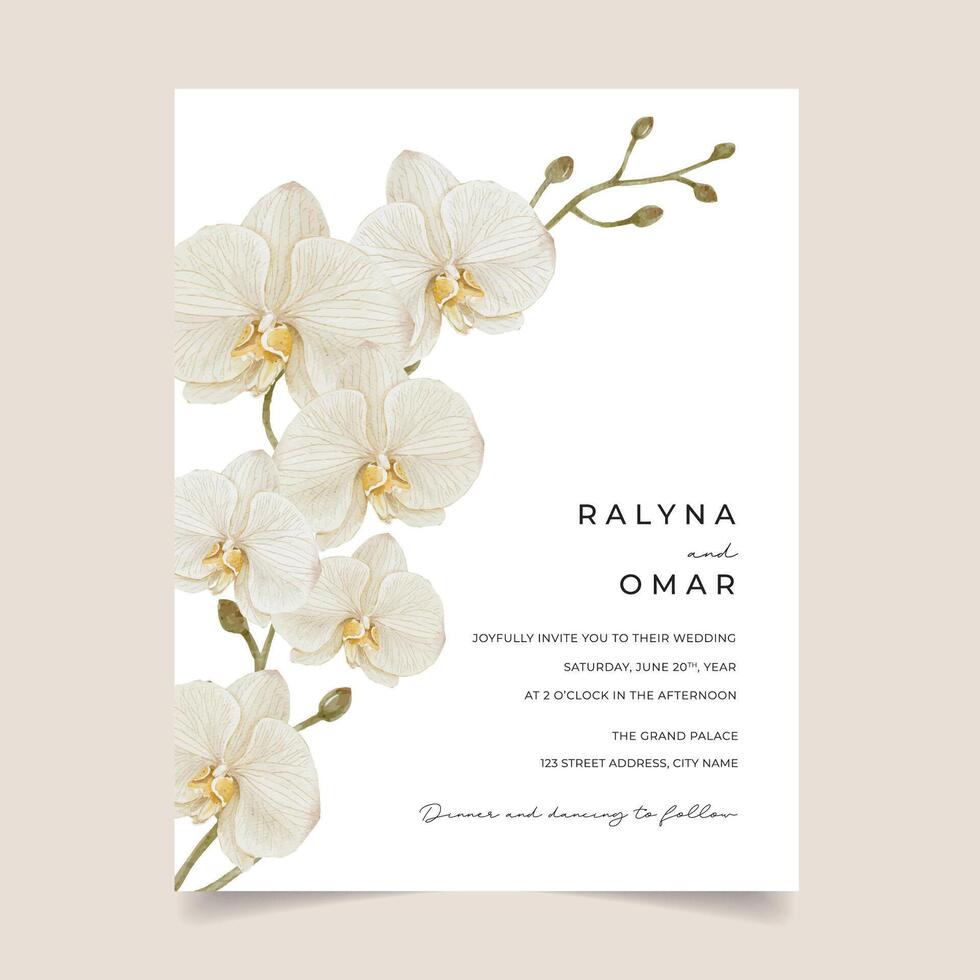 Watercolor tropical white orchid wedding invitation design vector