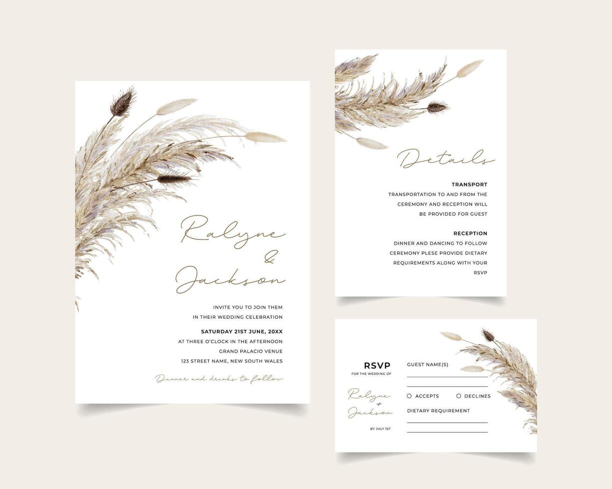 Modern neutral and unique boho wedding invitation with dried pampas grass and bunny tails grass vector
