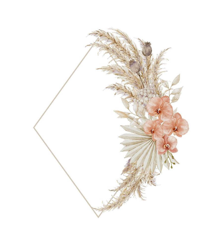 Bohemian Floral Frame with Dried Pampas, Dried Palm Leaf, Poppy Pods and Orchids vector