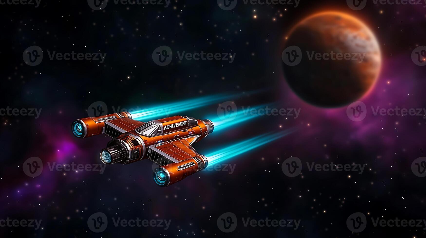 A futuristic spaceship with glowing engines travels through a vibrant cosmic space near a distant planet photo