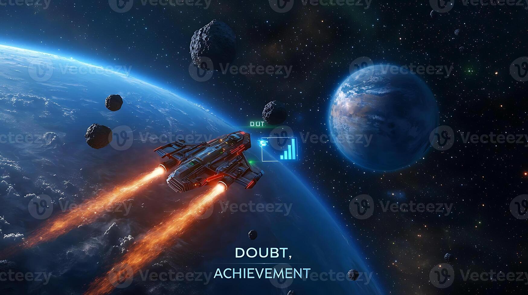 A futuristic spaceship navigating through an asteroid field near a vibrant planet, showcasing exploration photo