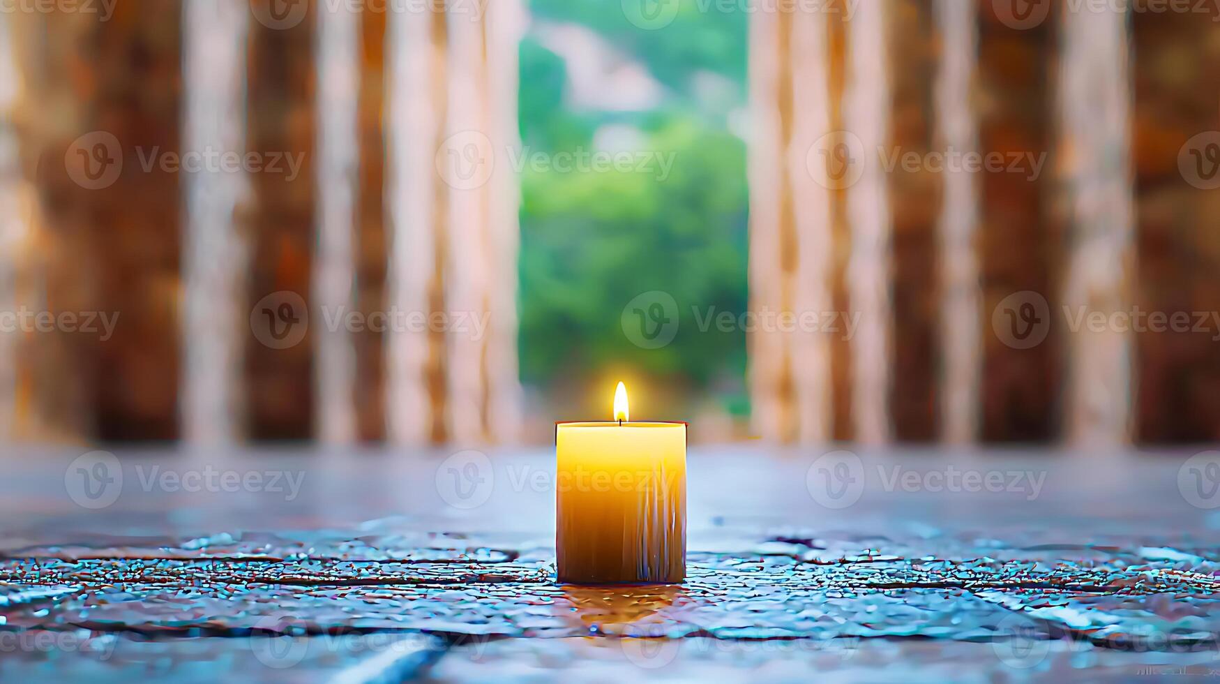 A glowing candle placed on a stone floor, surrounded by ancient columns, creating a serene atmosphere photo
