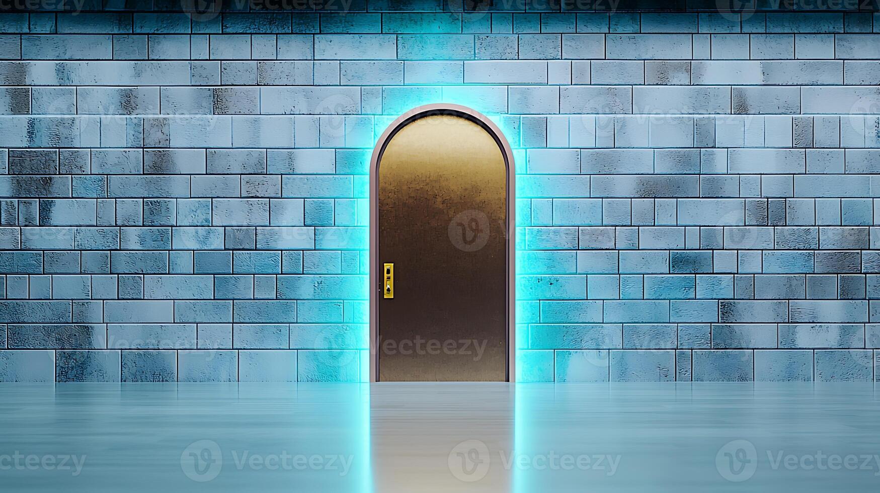A glowing, arched door set against a textured blue brick wall with reflective floor surface photo