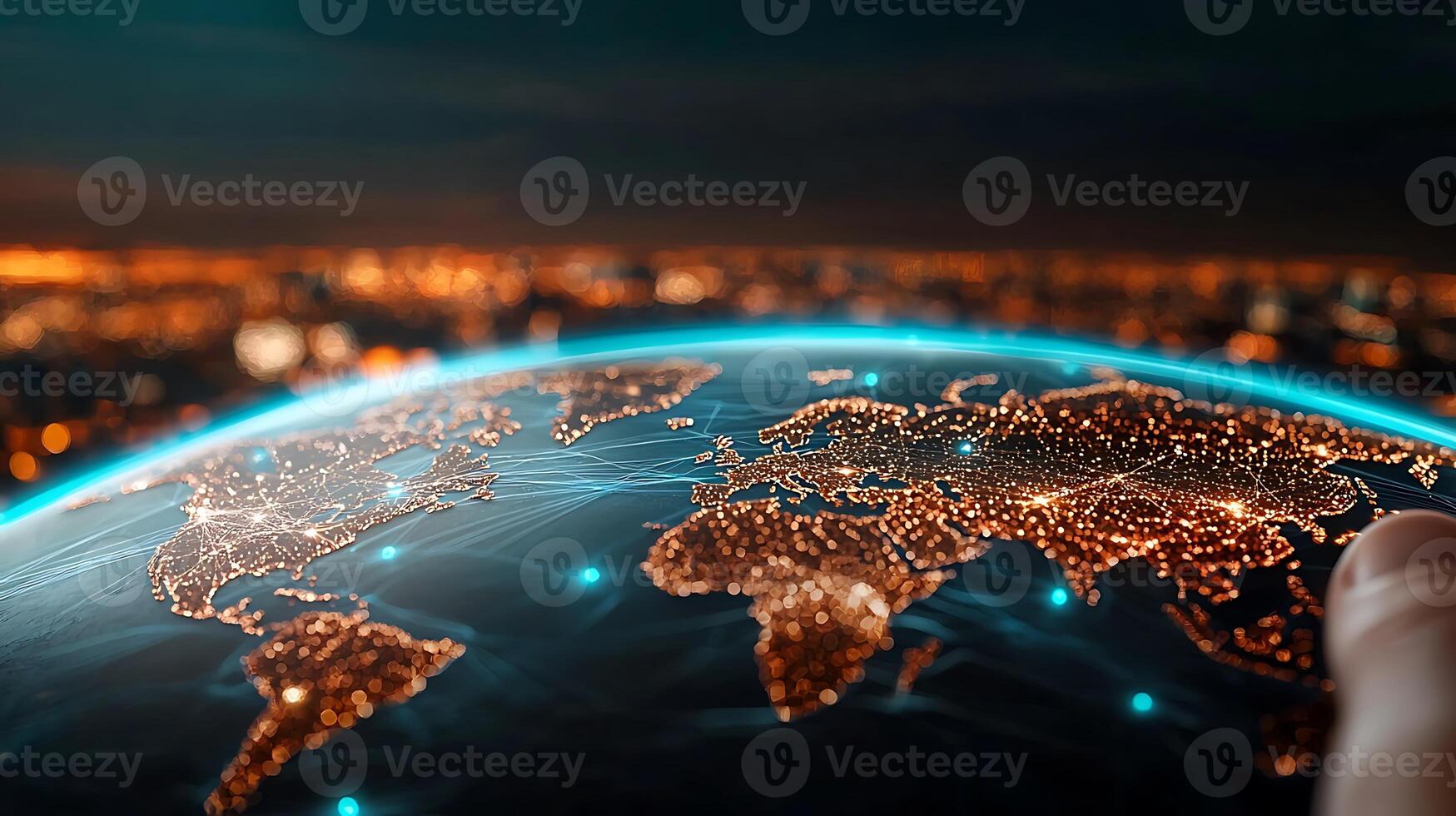 A glowing globe showcasing illuminated cities at night, with a city skyline in the background photo