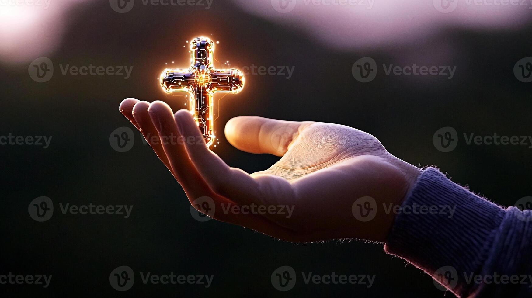 A glowing cross held in a hand against a blurred natural background during twilight photo