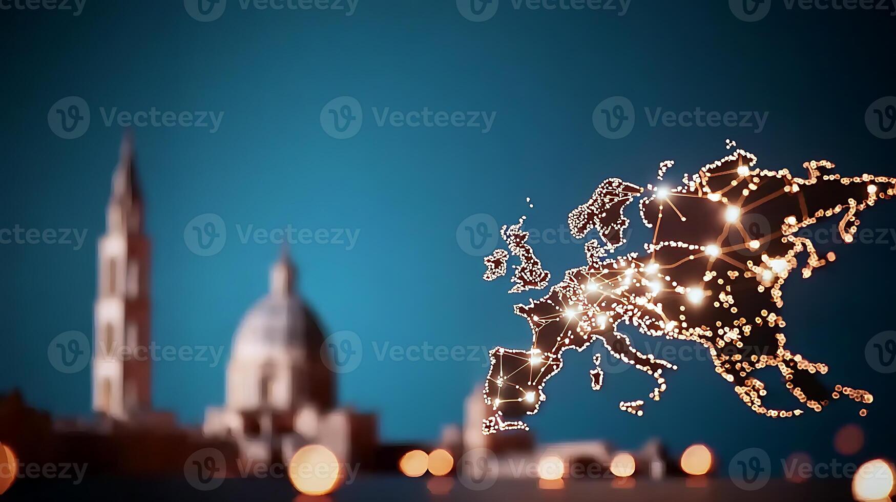 A glowing map of Europe overlaid on a blurred cityscape featuring historic architecture at night photo