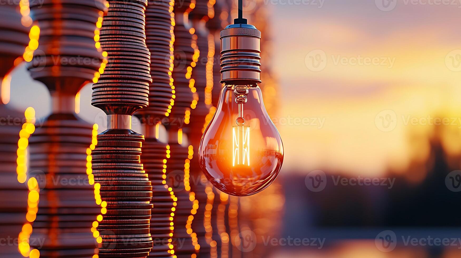 A glowing light bulb hangs against a backdrop of stacked coins at sunset, symbolizing wealth photo
