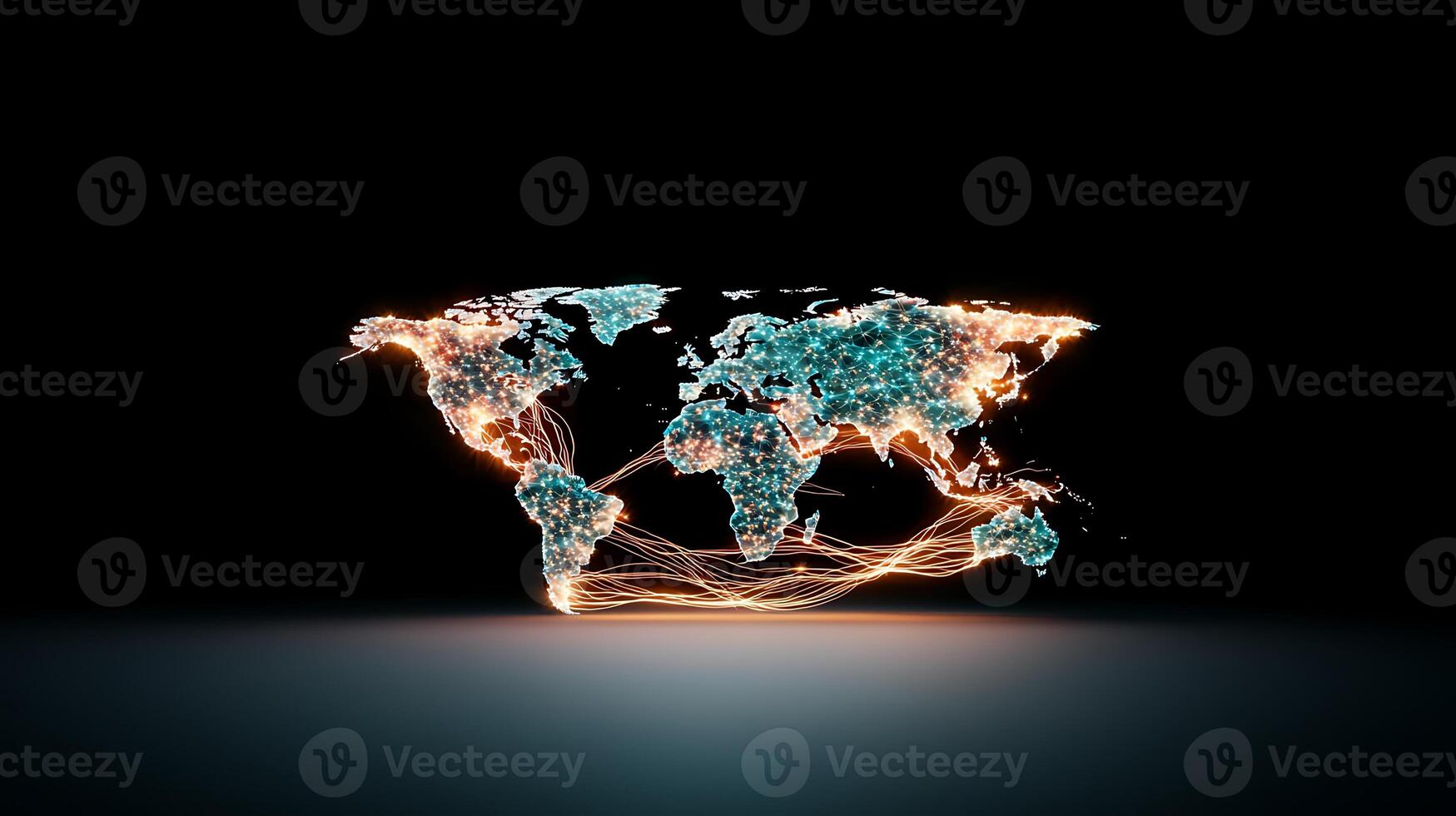 A glowing world map illuminated with vibrant lines representing global connections and data flow photo