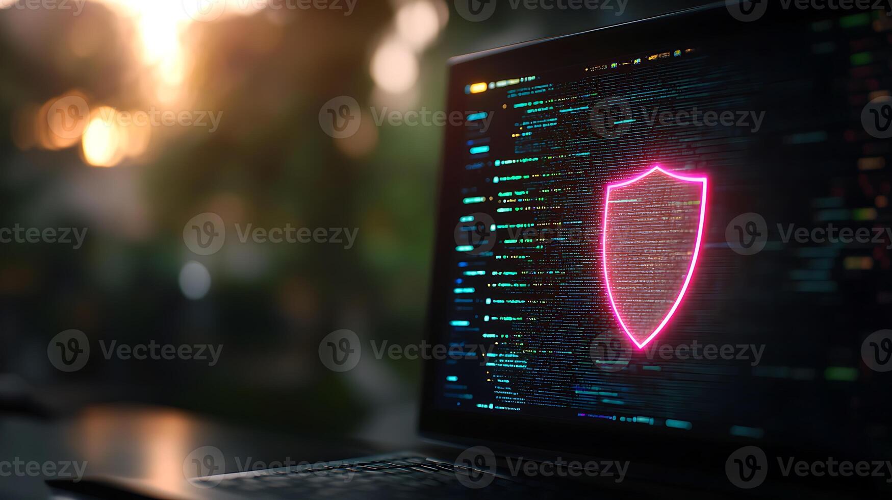 A glowing shield symbol on a laptop screen, representing cybersecurity, with a sunset backdrop photo