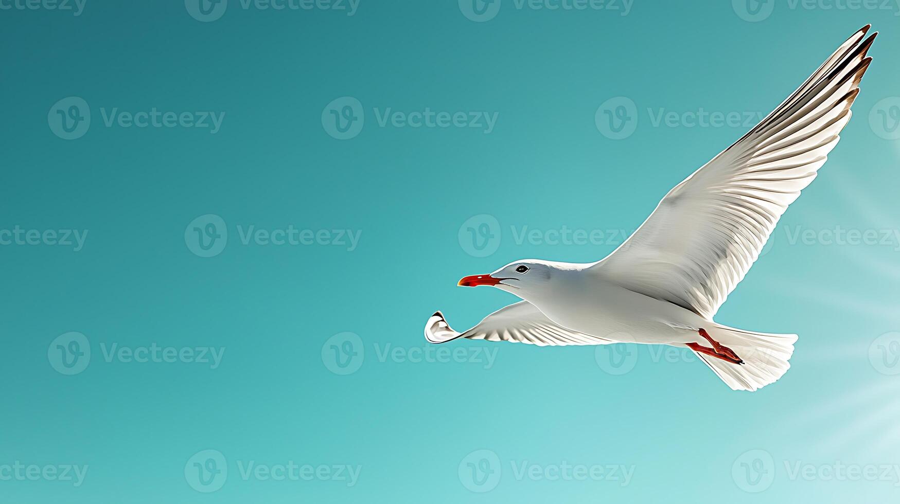 A graceful seagull soaring against a clear blue sky, showcasing its wings and vibrant colors photo