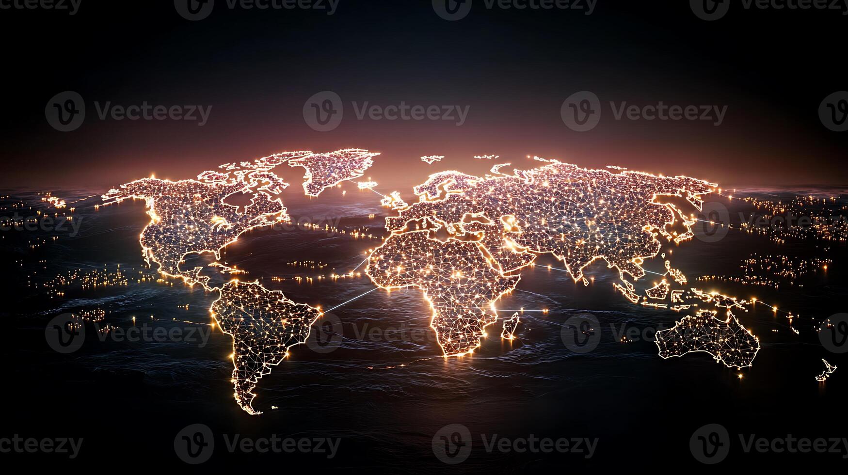A glowing world map illuminated by city lights against a dark ocean background at night photo
