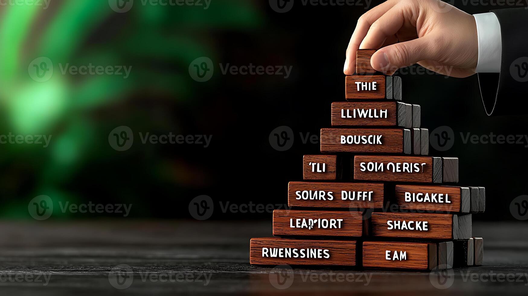 A hand carefully stacking wooden blocks with various names on a dark surface surrounded by greenery photo