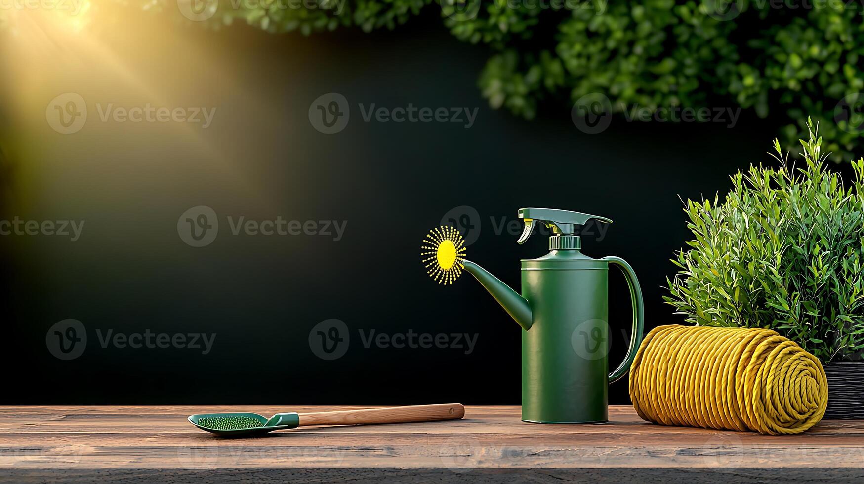 A green watering can and gardening tools on a wooden table with sunlight and greenery in the background photo