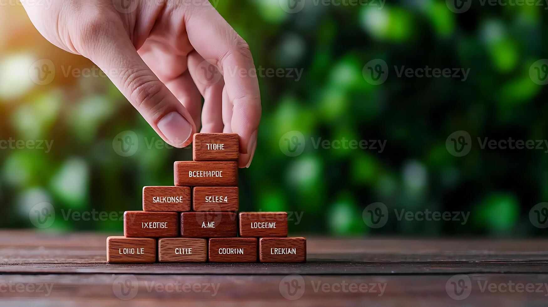 A hand carefully stacking wooden blocks with words, surrounded by greenery in a serene setting photo