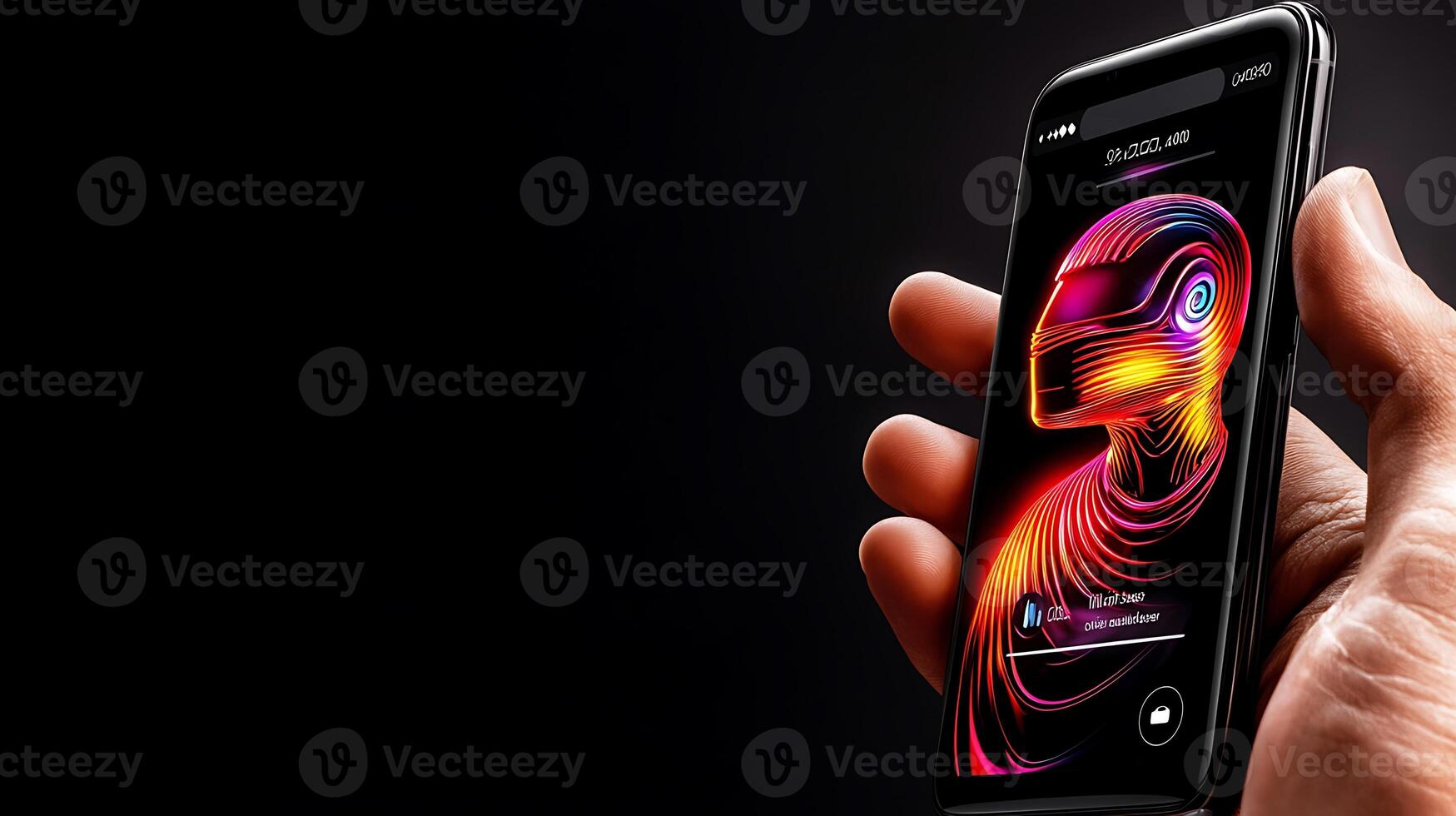 A hand holding a smartphone displaying a vibrant digital artwork of a futuristic robot design photo