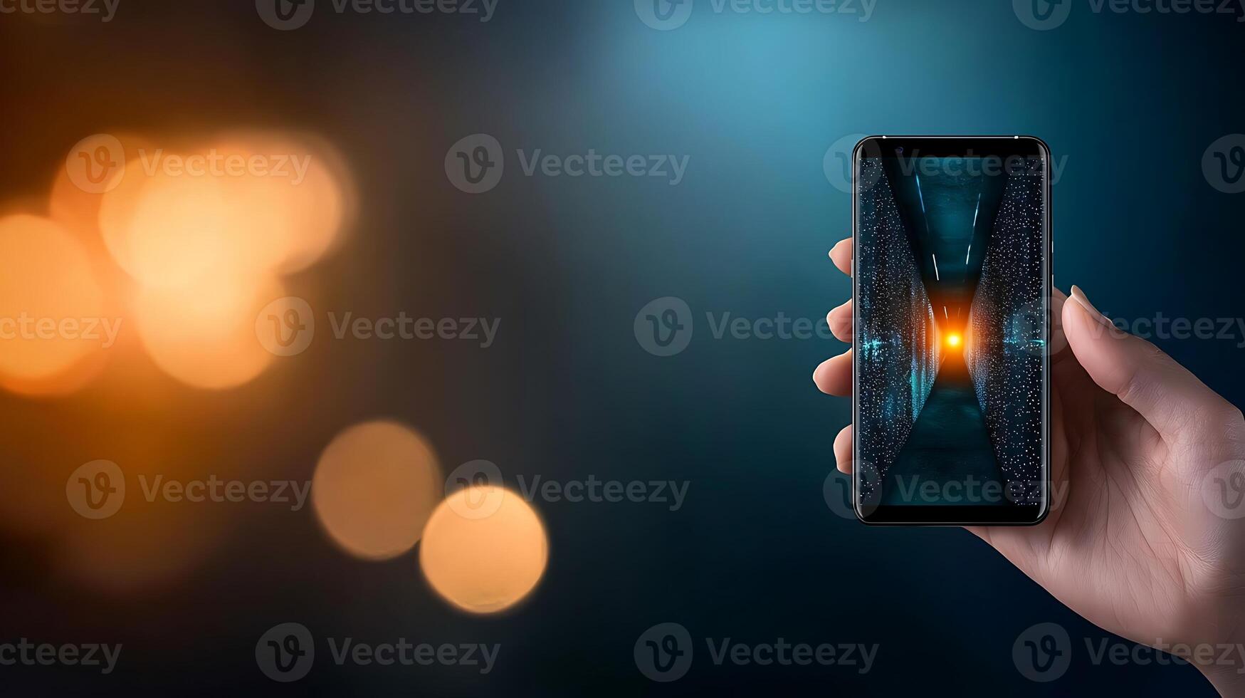 A hand holding a smartphone displaying a glowing corridor, with blurred lights in the background photo