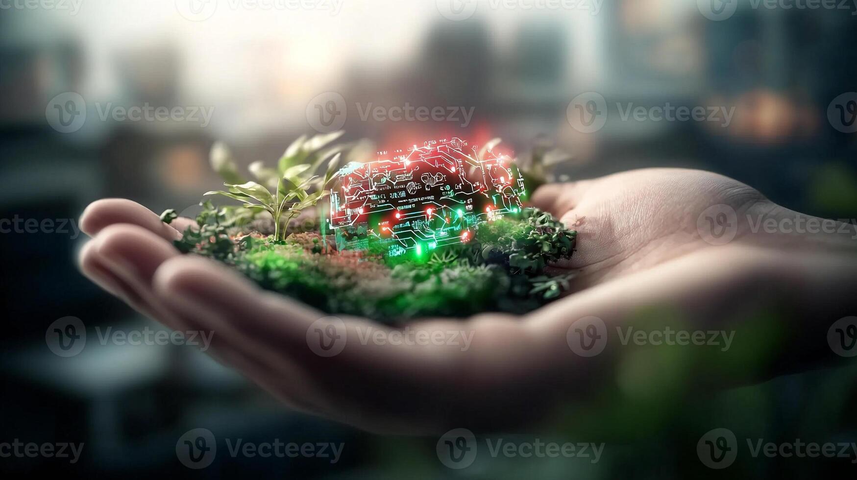 A hand holding a miniature green landscape with glowing elements amidst a blurred city background photo