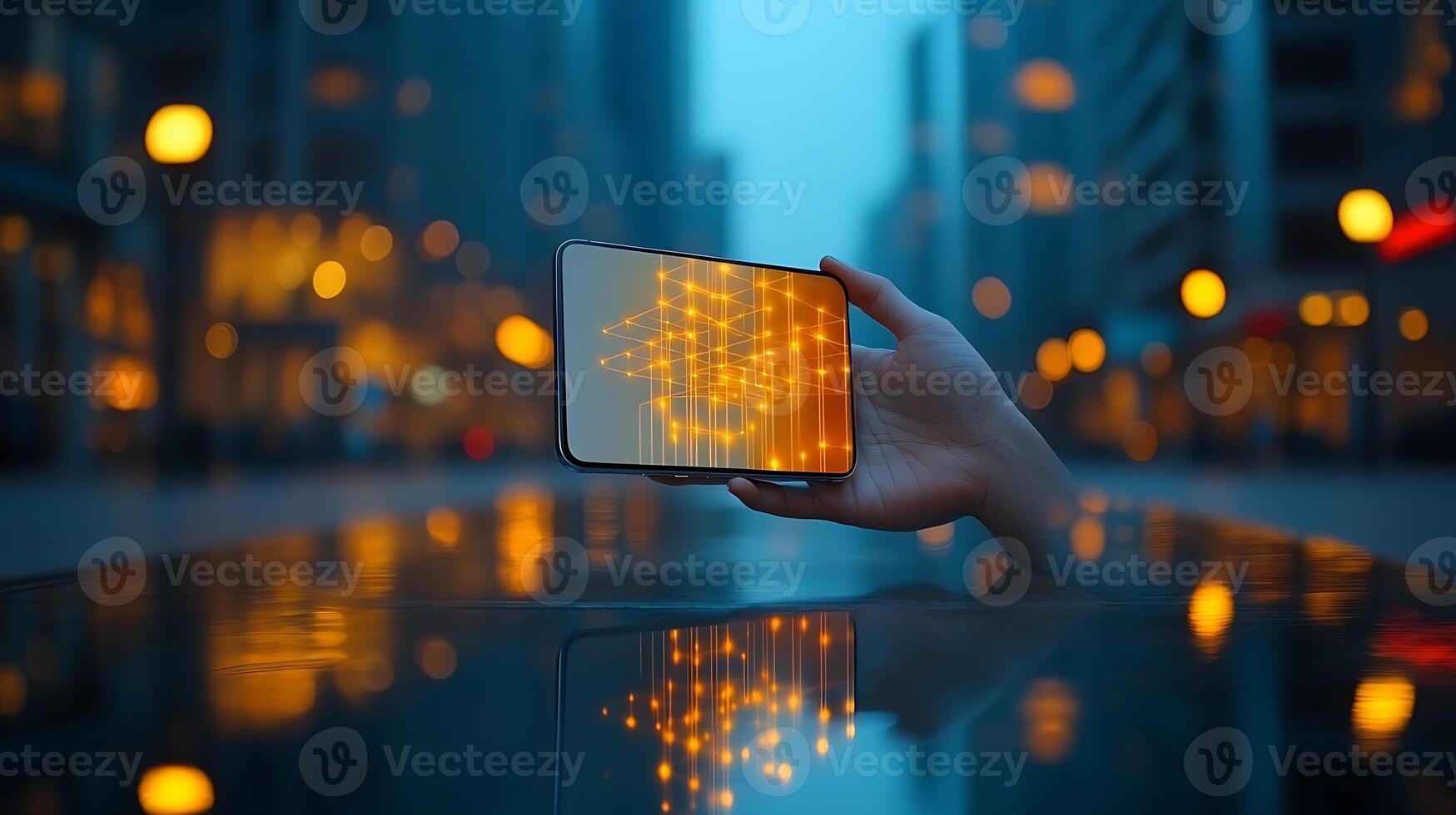 A hand holding a smartphone displaying glowing patterns in a cityscape at dusk photo