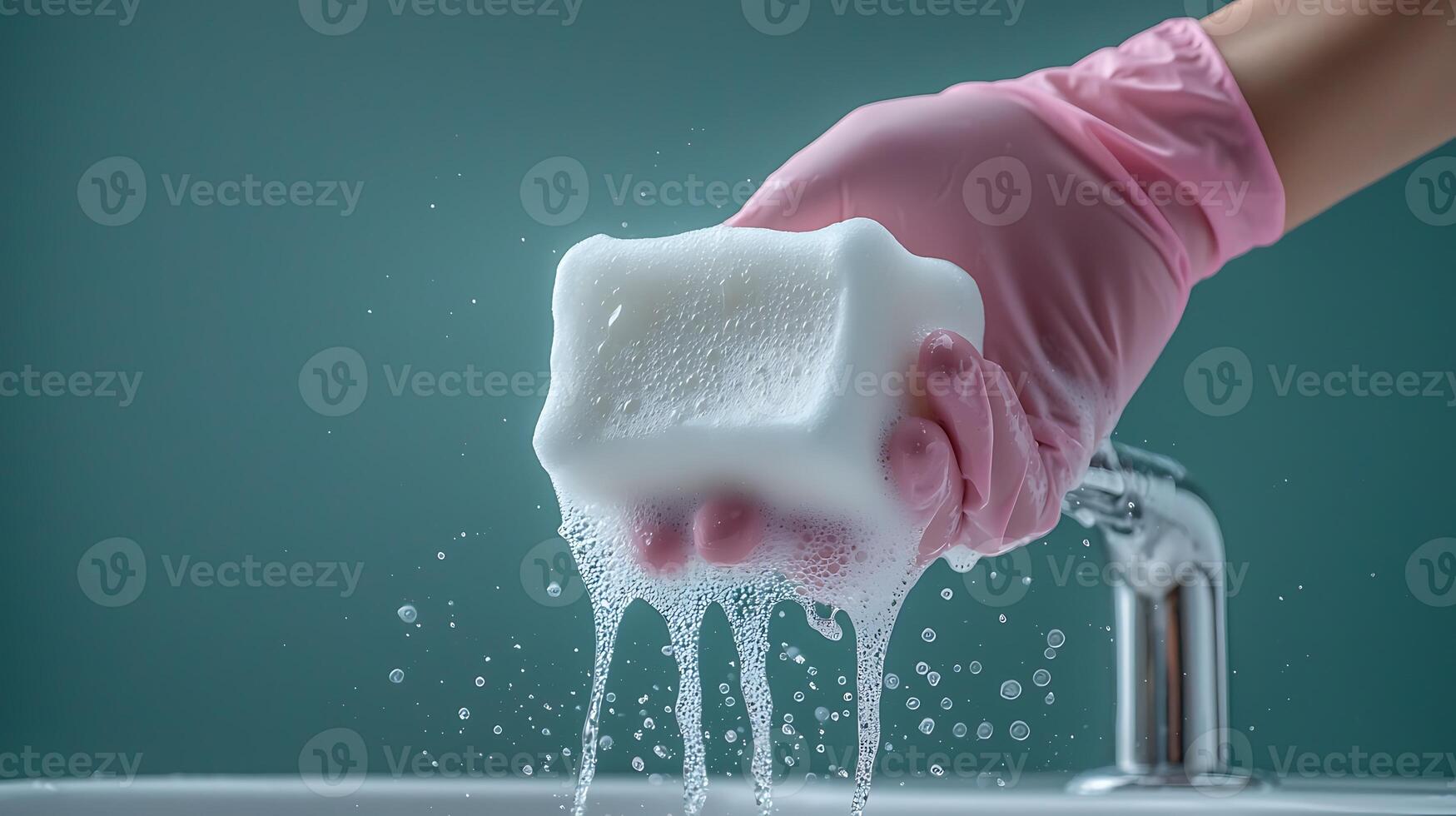 A hand in a pink glove holds a soapy sponge over a sink, with water splashing around it photo