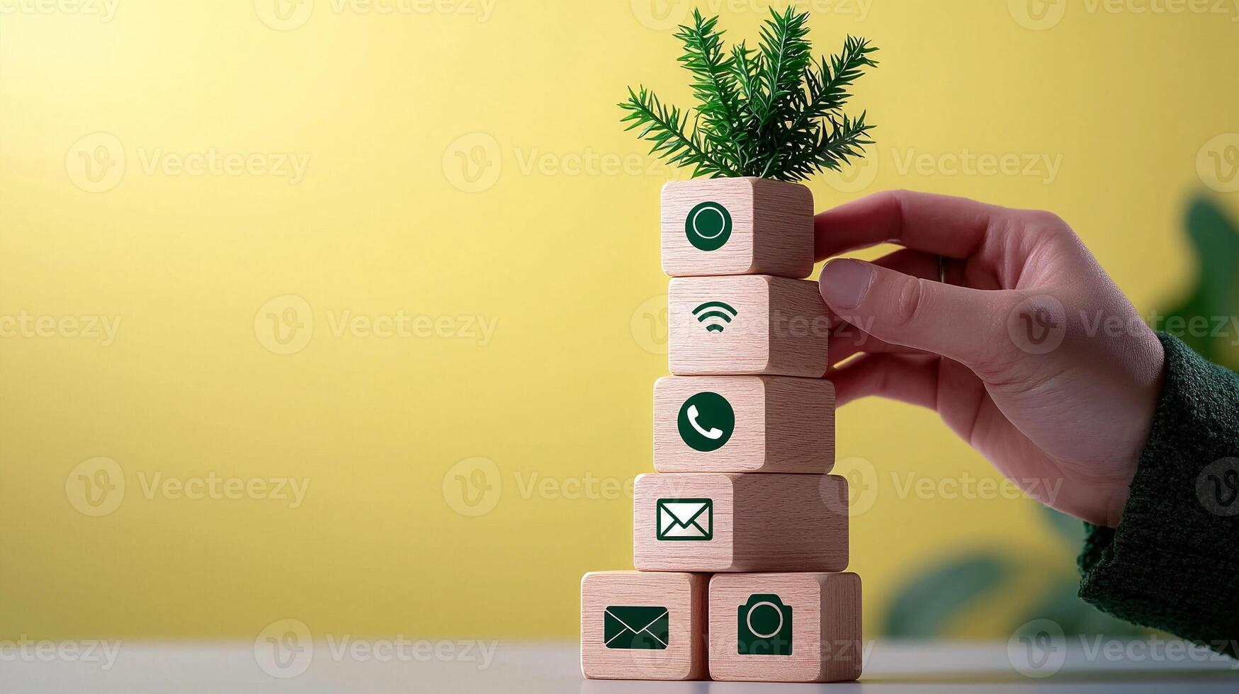 A hand stacking wooden blocks with icons, topped by a small plant, against a yellow background photo
