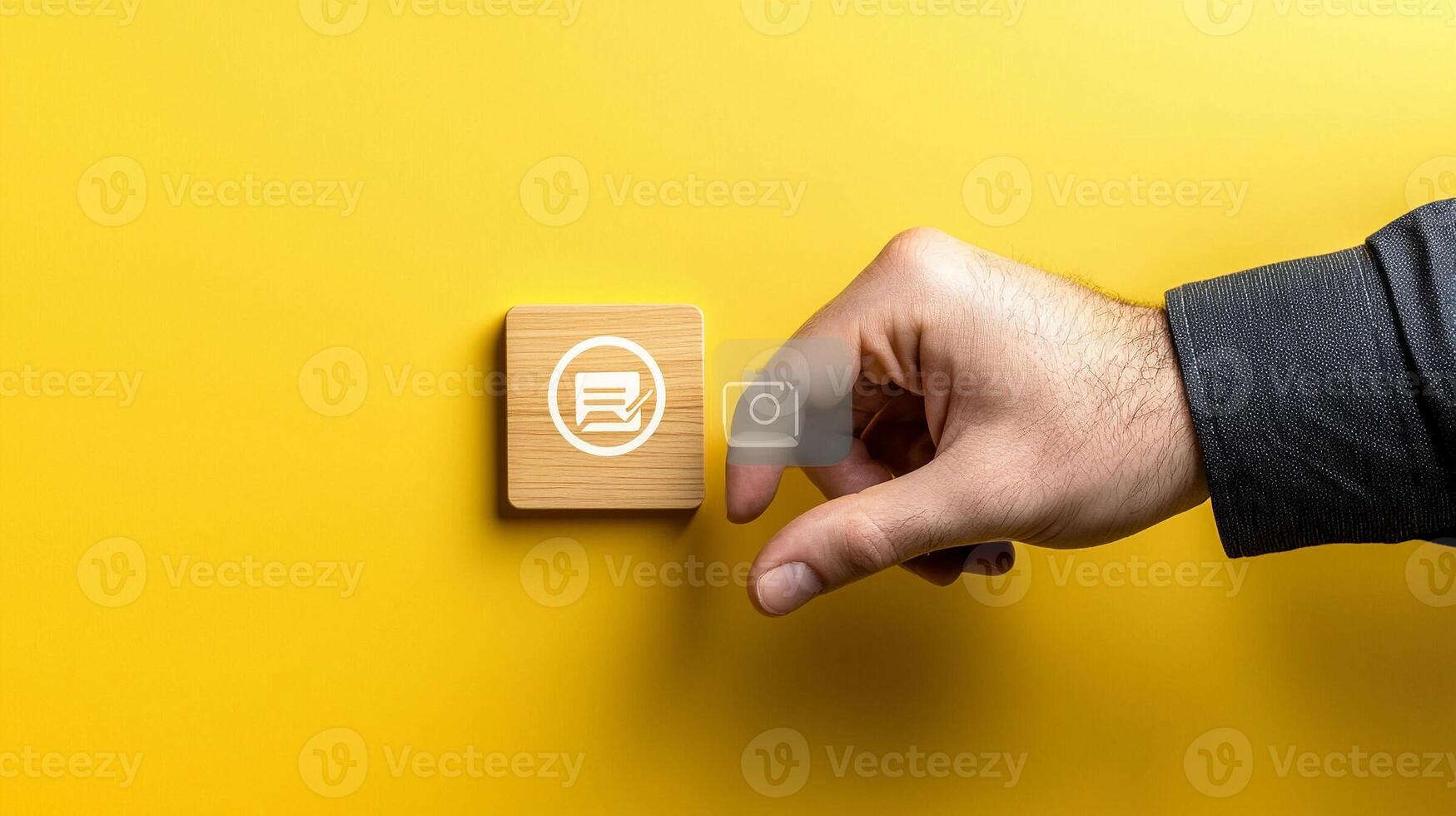 A hand reaching for a wooden block with a symbol on a vibrant yellow background photo