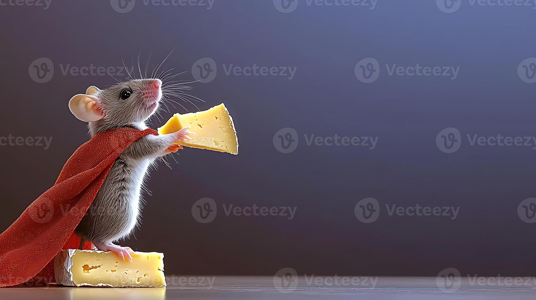 A heroic mouse in a red cape proudly holds a piece of cheese against a soft gradient background photo