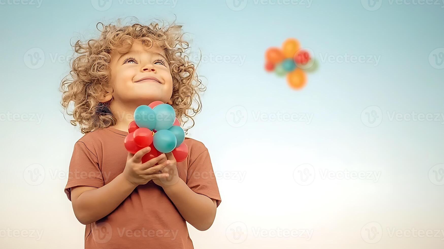 A joyful child with curly hair holding colorful balloons against a clear sky, smiling happily photo