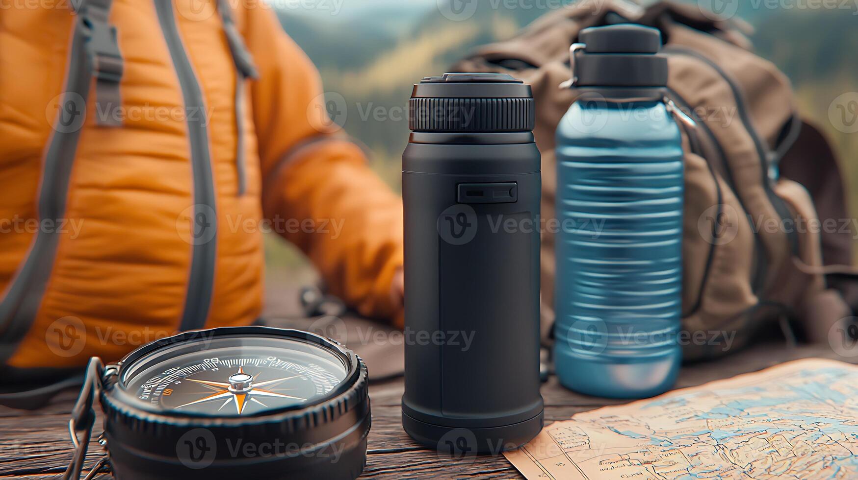 A hiker resting with a black thermos and blue water bottle on a wooden table in nature photo