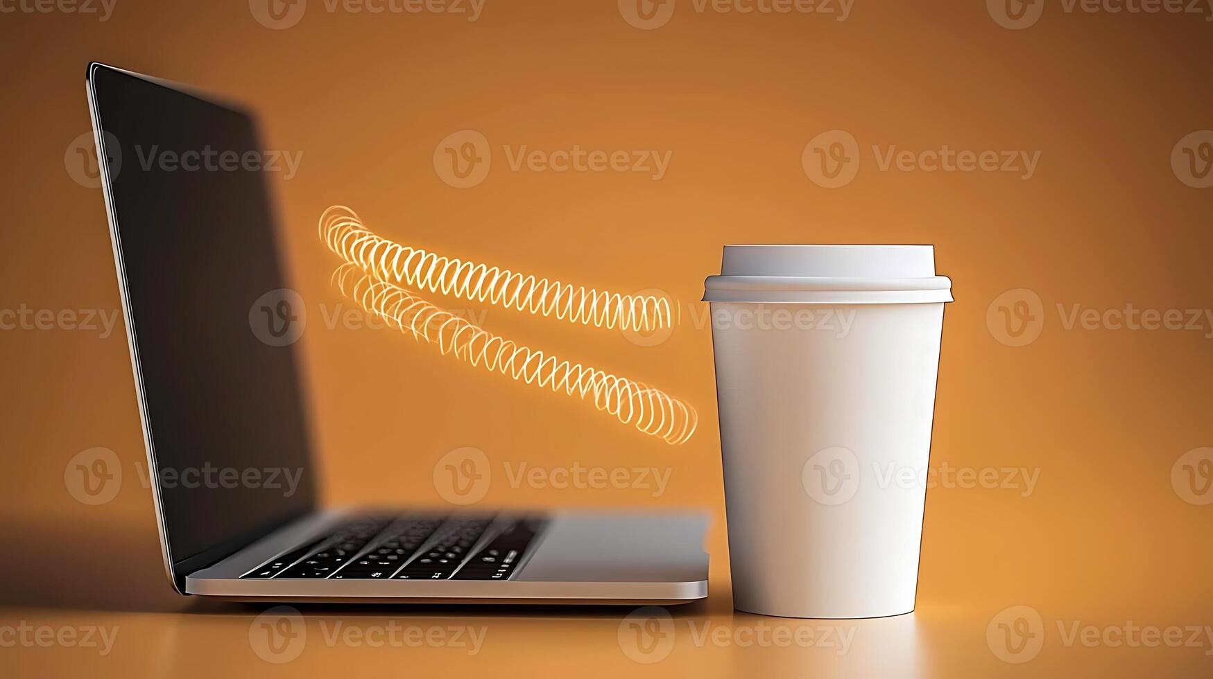 A laptop and a coffee cup with swirling lines, suggesting creativity in a warm, inviting workspace photo
