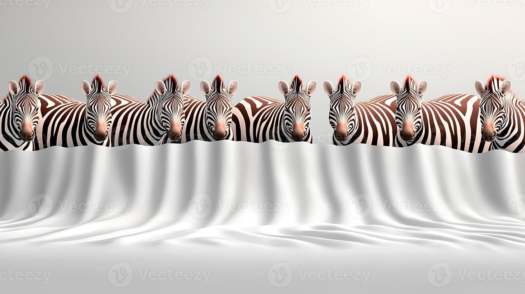 A line of zebras peering over a white fabric backdrop, creating a whimsical and artistic scene photo