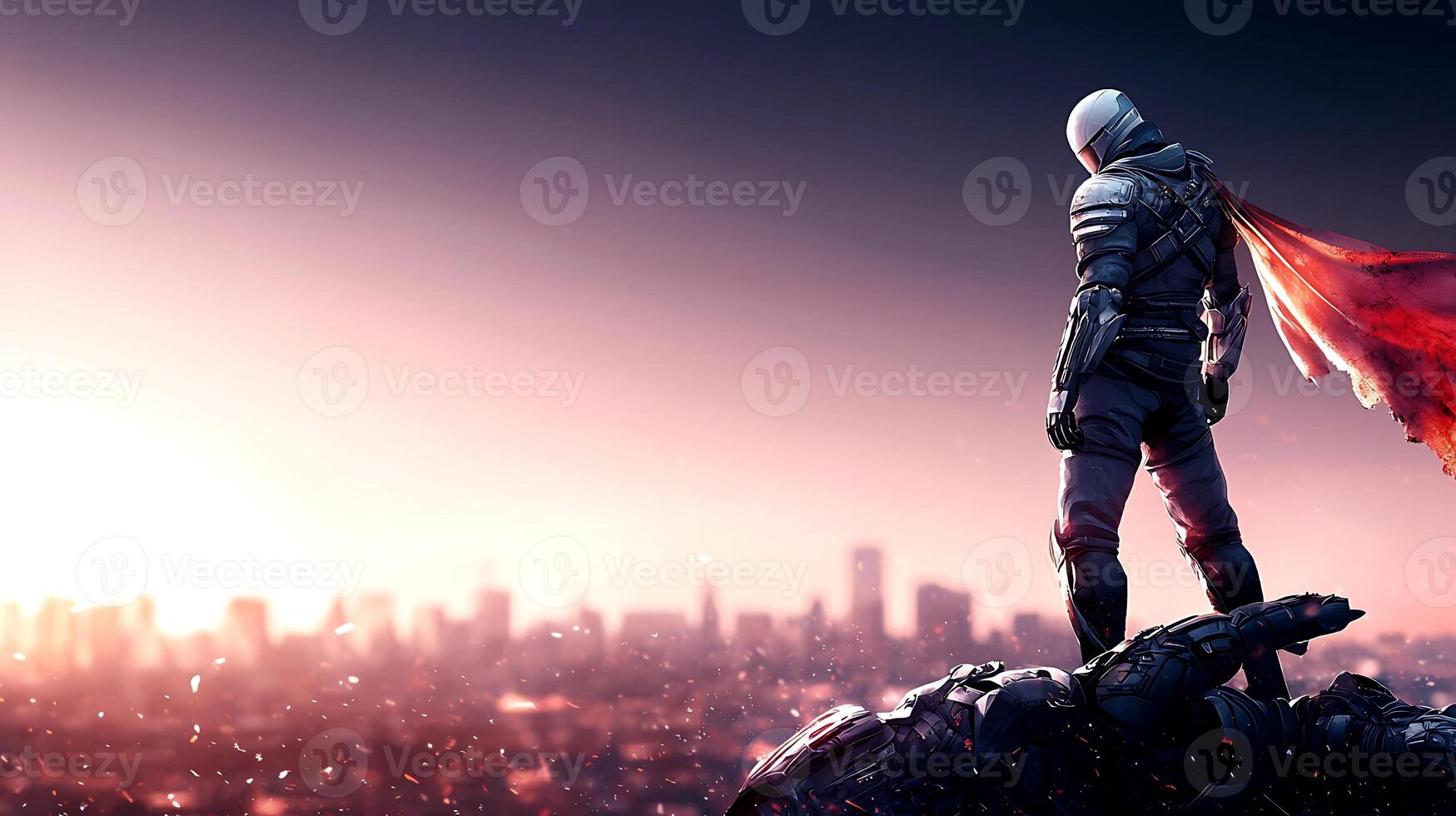 A lone figure in a futuristic suit stands atop a giant robotic hand, gazing over a sprawling city at sunset photo