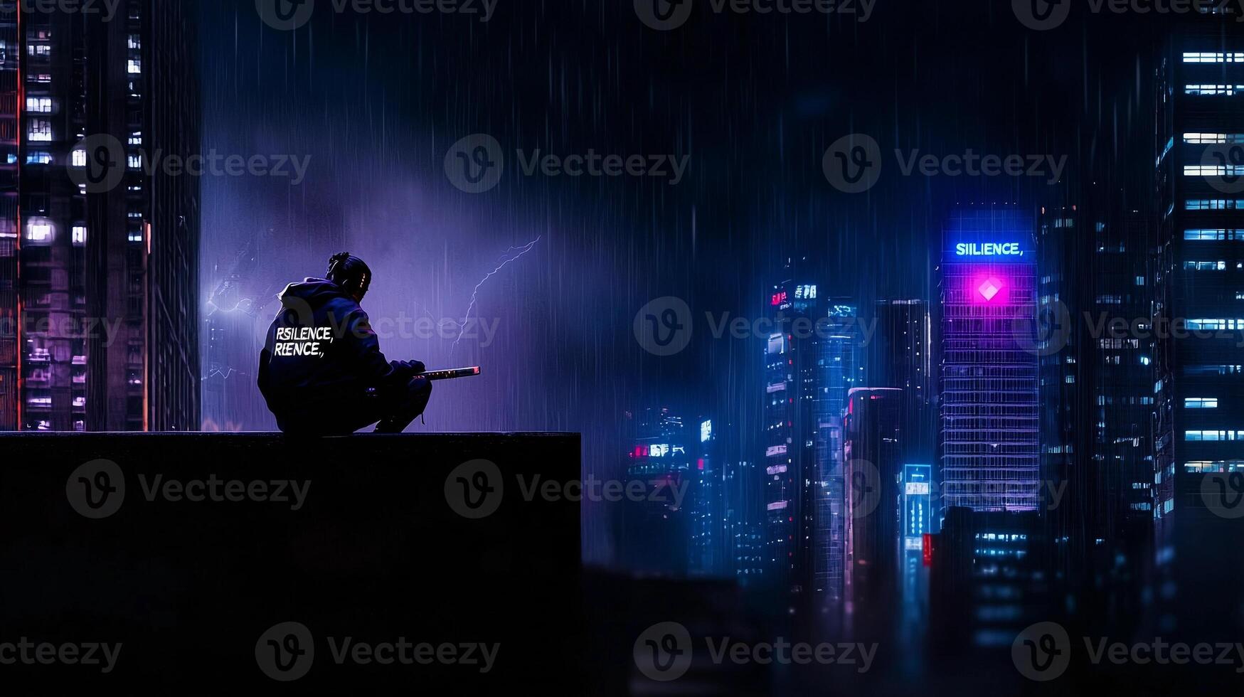 A lone figure in a rain-soaked urban landscape, gazing over neon-lit skyscrapers at night photo