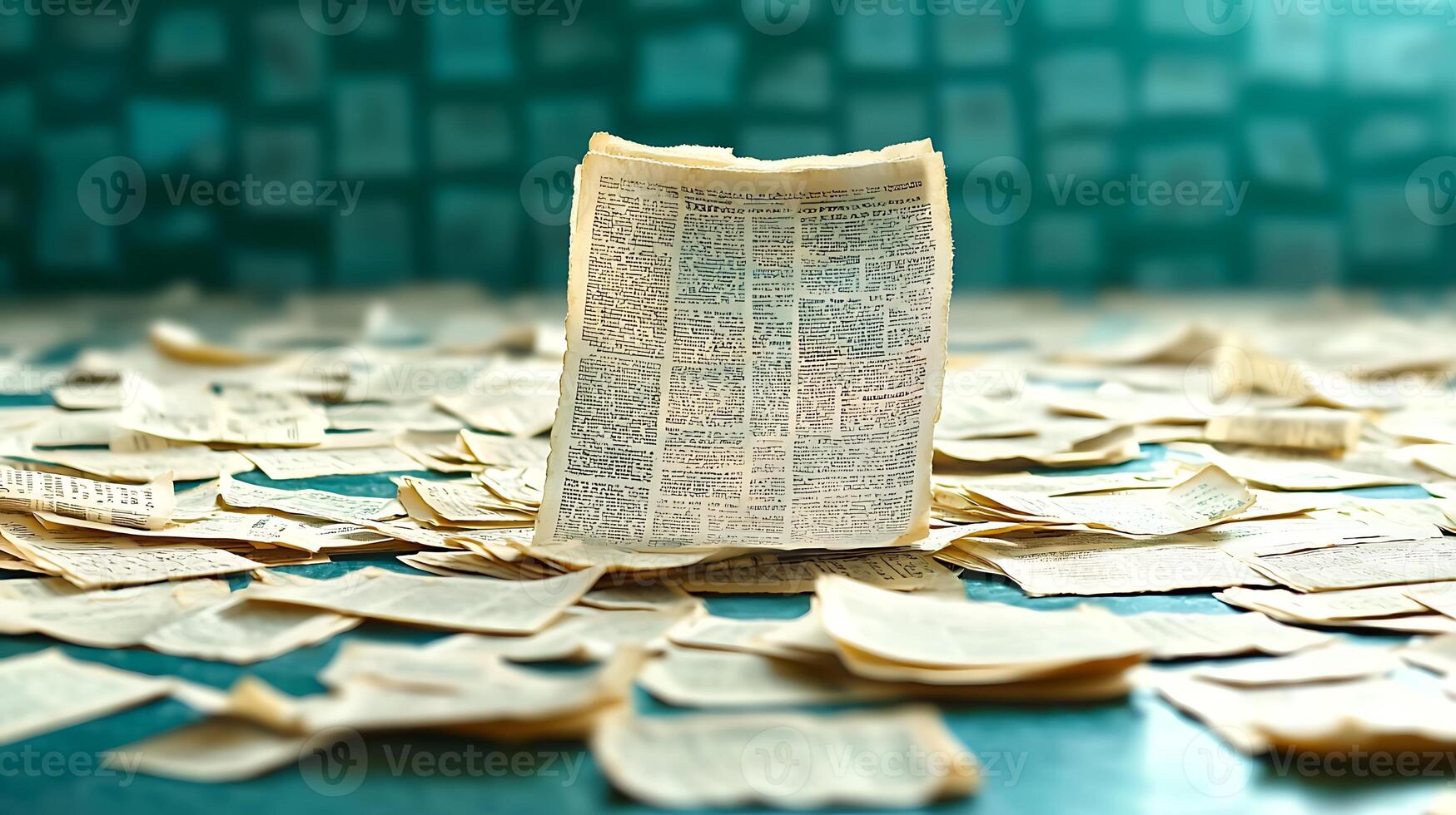A lone, vintage newspaper stands amidst scattered pages on a wooden surface, evoking nostalgia photo