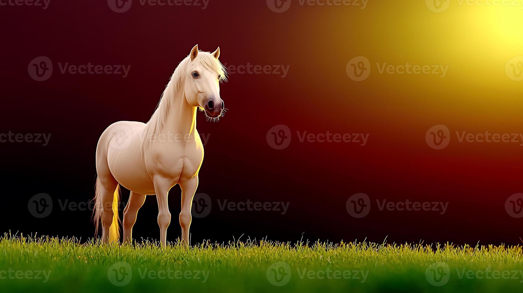 A majestic white horse standing gracefully in a vibrant sunset field with lush grass photo