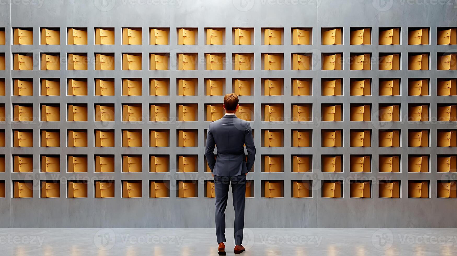 A man in a suit observing a wall of golden boxes in a modern, minimalist gallery setting photo