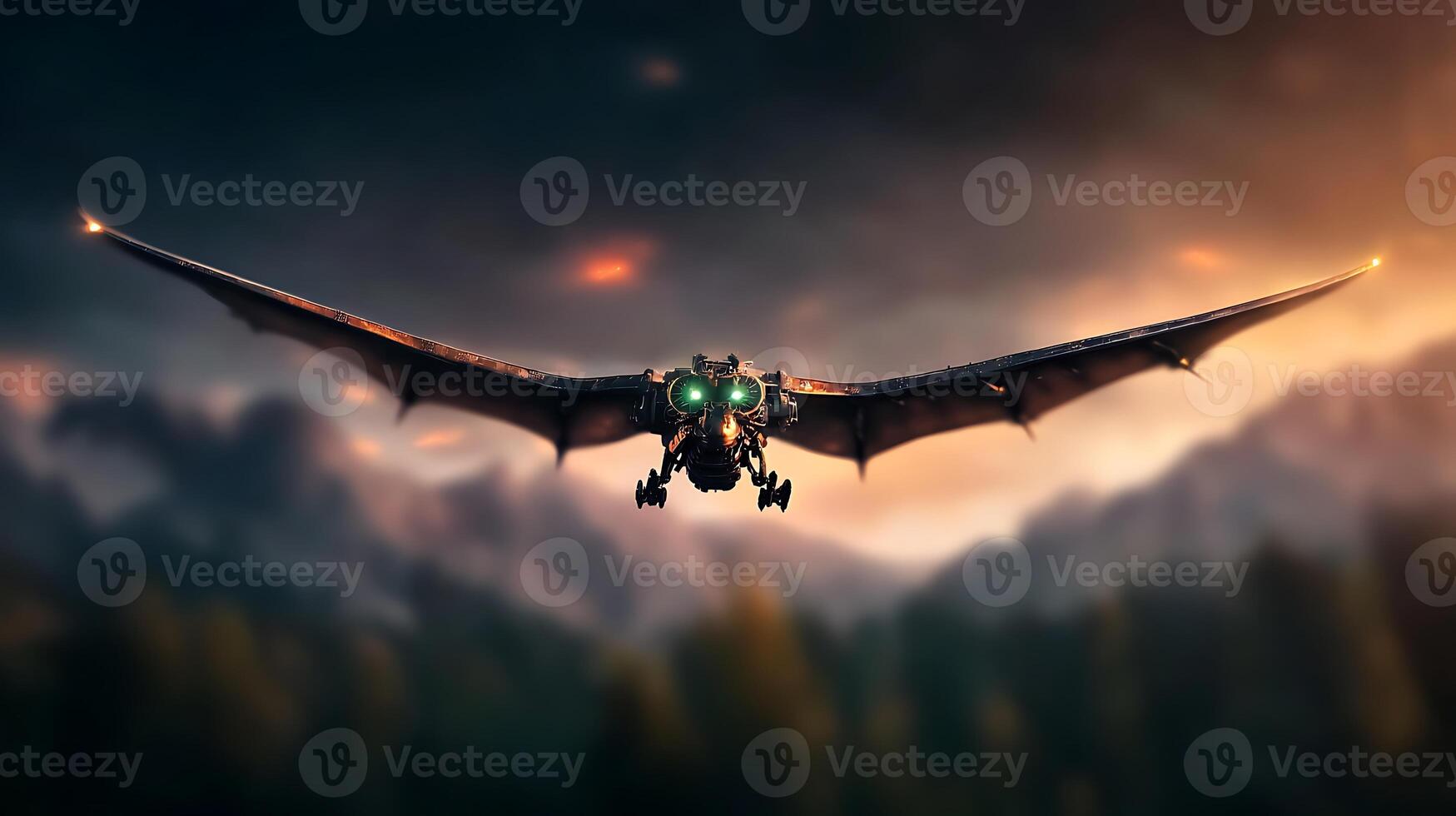 A mechanical dragonfly soaring over a mountainous landscape at sunset, showcasing innovation photo