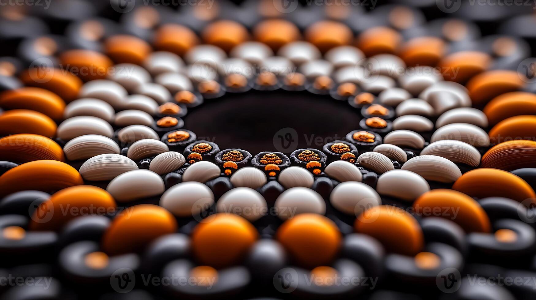 A mesmerizing arrangement of colorful eggs and stones creating a circular pattern on a dark surface photo