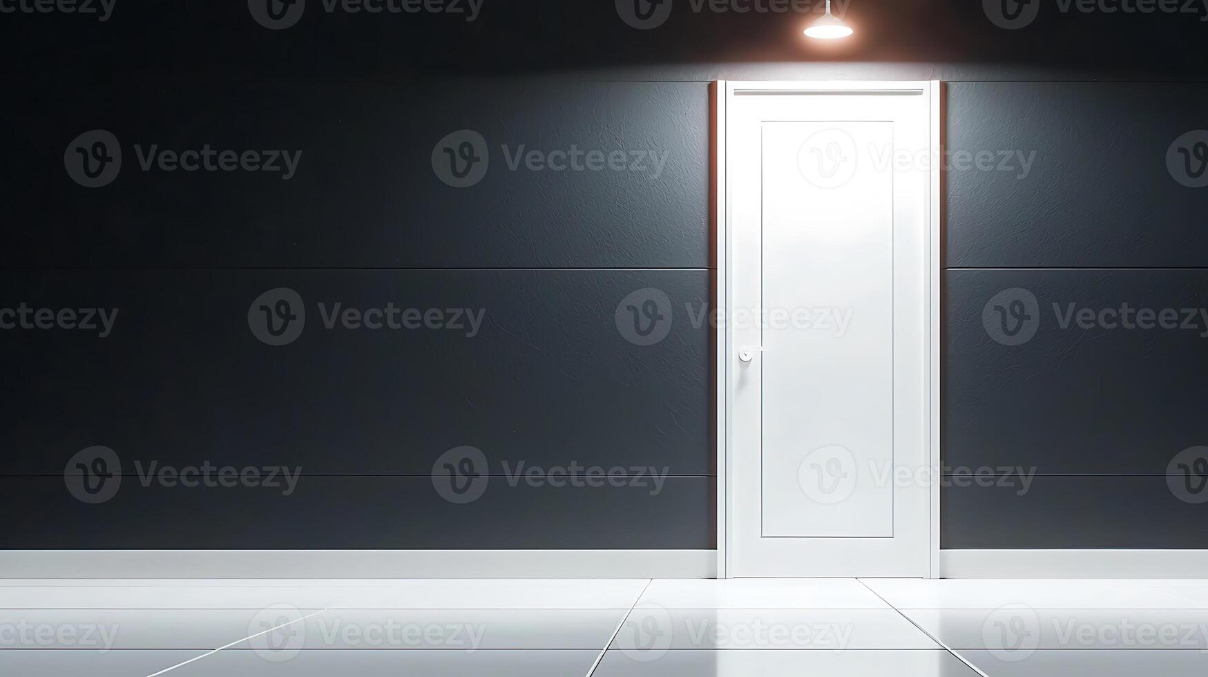 A minimalist interior scene featuring a white door illuminated by a hanging light in a dark room photo