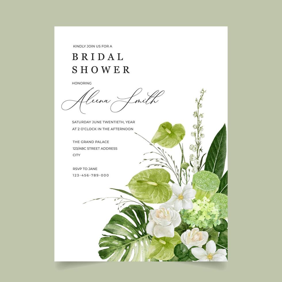 Tropical Greenery Bridal Shower Invitation Card with Beautiful Anthurium Flower, Lotus Fruits, Rose and Monstera Leaf vector