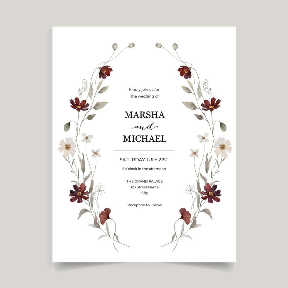 Classic Wedding Invitation Design with Beautiful Pressed Wild Flower vector