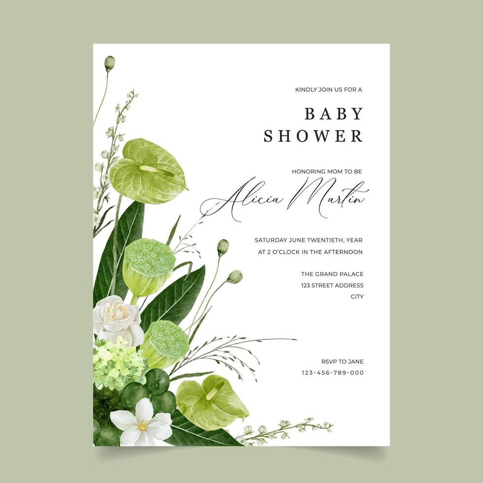 Greenery Baby Shower Invitation Card with Beautiful Anthurium Flower, Lotus Fruits, Rose and Magnolia Flowers vector