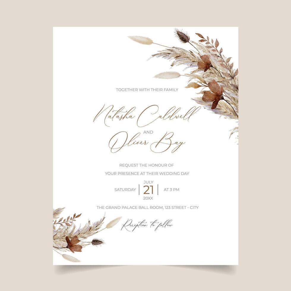 Boho rust flower and pampas wedding invitation, fall pampas grass romantic wedding invitation vector