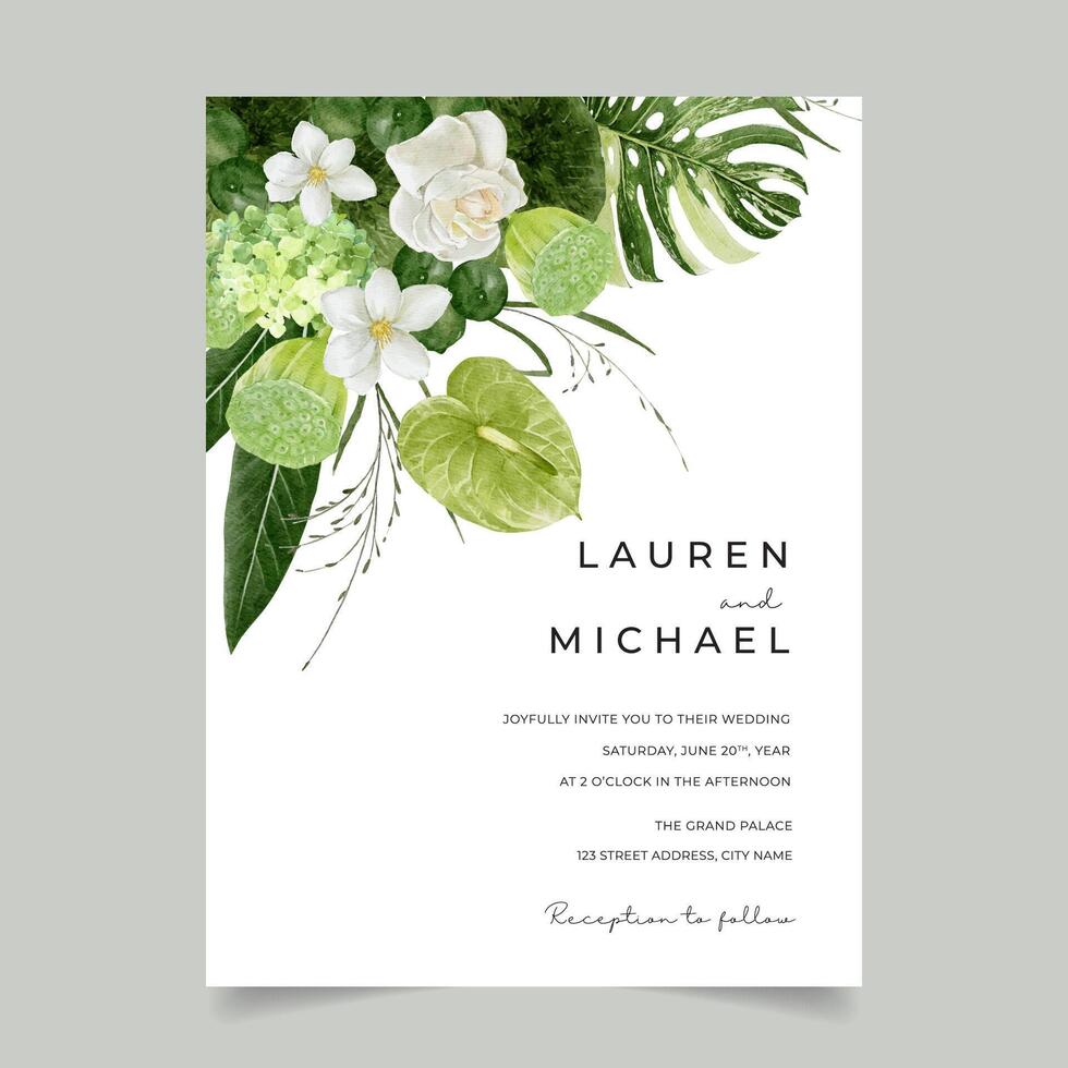 Greenery Wedding Invitation Card with Beautiful Watercolor Anthurium Flower, Lotus Fruits, Rose and Magnolia Flowers vector
