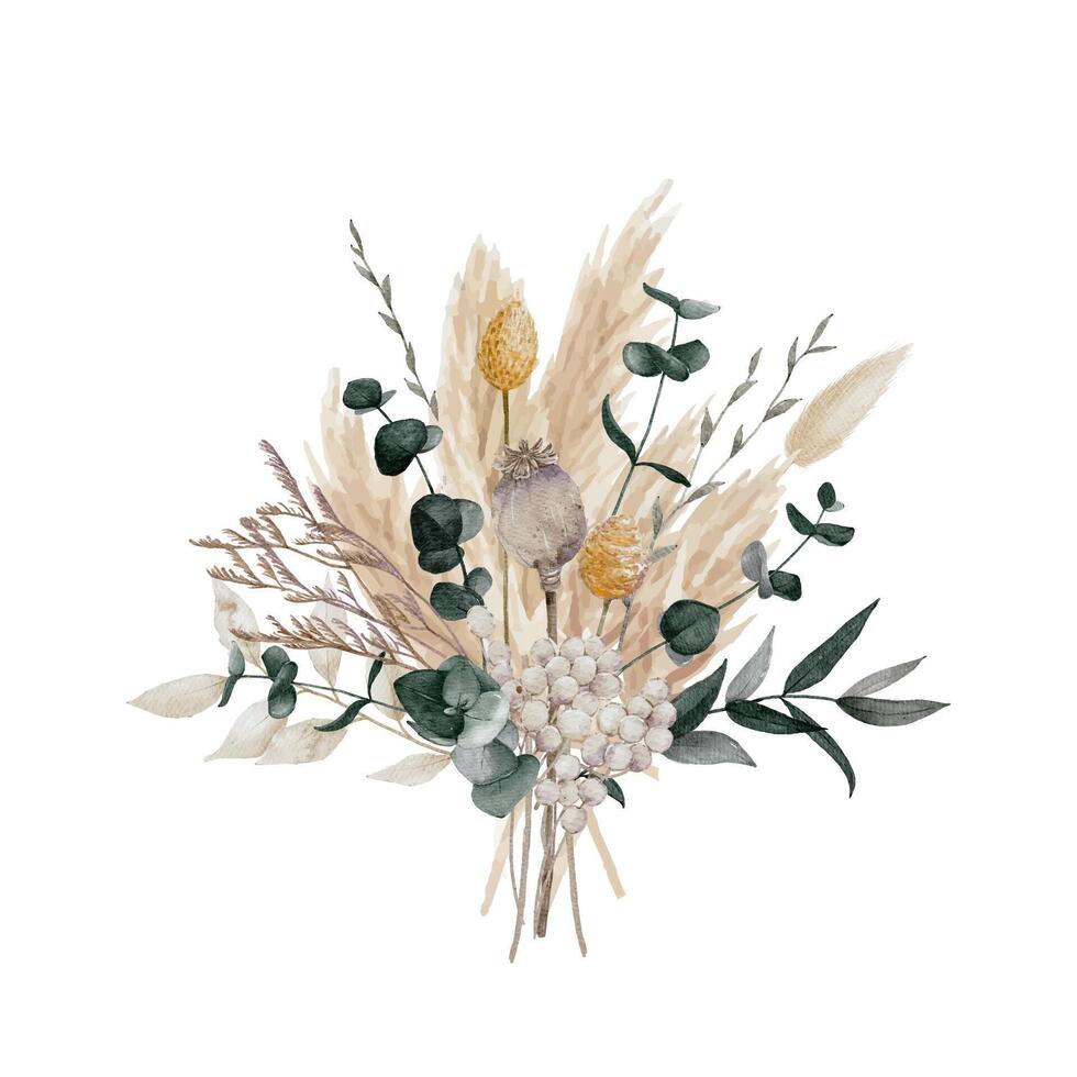 Boho Floral Bouquet with pampas grass, eucalyptus, poppy pods and bunny tails vector
